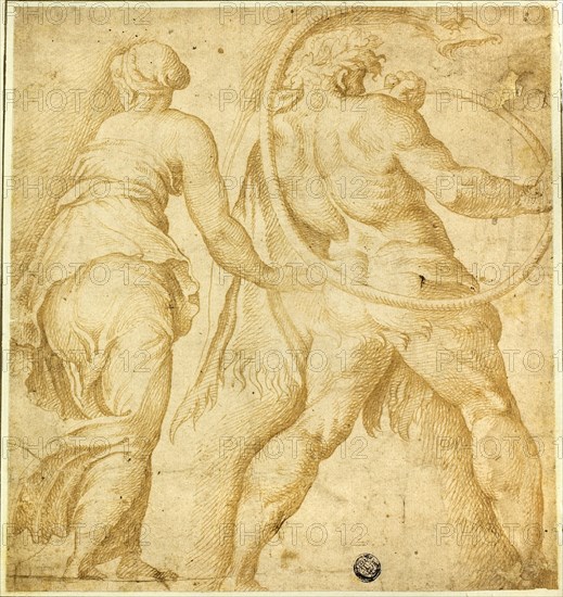 Woman Turning Left, Male Nude Blowing Trumpet, n.d., After Polidoro Caldara, called Polidoro da Caravaggio, Italian, c. 1499-c. 1543, Italy, Pen and brown ink with brush and brown wash, on ivory laid paper, laid down on green wove paper, 210 x 197 mm