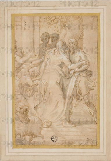 The Meeting of Joachim and Anna at the Golden Gate, c. 1553, Girolamo Mazzola Bedoli, Italian, c. 1510-c. 1569, Italy, Pen and brown ink with brush and gray wash, heightened with lead white, on tan laid paper, laid down on ivory laid card, 188 x 121 mm