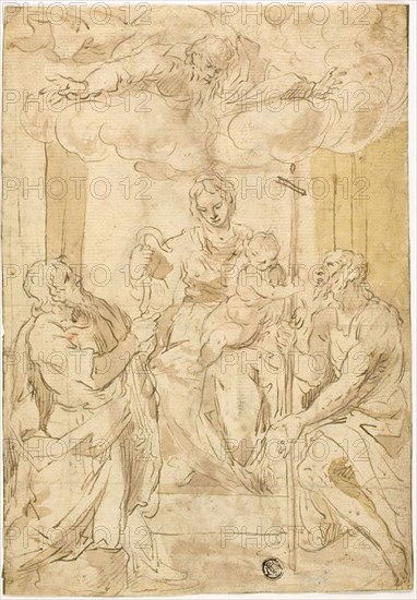 Virgin and Child with Saints Thomas and John the Baptist (recto), Sleeping Venus (verso), 17th century (recto), 16th or 17th century (verso), Recto After Jacopo Negretti, called Palma il Giovane (Italian, c. 1548-1628), Verso After Giorgio da Castelfranco, called Giorgione (Italian, 1477/78-1510), Italy, Pen and brown ink, with brush and brown wash, with traces of graphite, with later additions of yellow-gray wash along right side (recto), and pen and brown ink (verso), on ivory laid paper, 262 x 181 mm (max.)