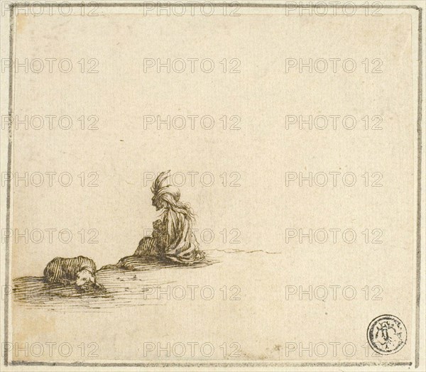 Seated Gypsy Mother and Child, with Dog, n.d., Attributed to Stefano della Bella (Italian, 1610-1664), or after Jacques Callot (French, 1592-1635), Italy, Pen and brown ink, on ivory laid paper, laid down on cream laid paper, 89 x 102 mm