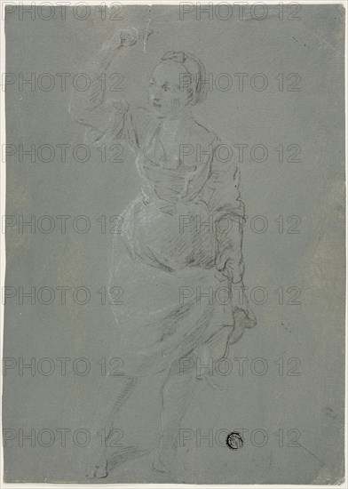 Dancing Woman, n.d., Pierre-Jacques Volaire, French, 1729-1799, France, Black and white chalk, on gray prepared ground, on ivory laid paper, 262 × 188 mm