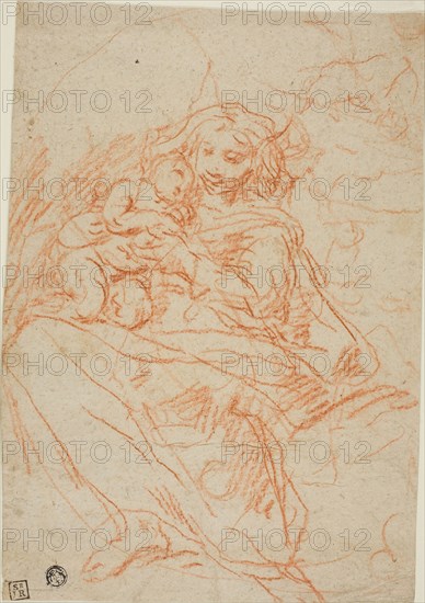 Virgin and Child (recto), Portion of Altarpiece Sketch (verso), n.d., Attributed to Flaminio Torre, Italian, 1621-1661, Italy, Red chalk (recto) on gray-brown laid paper, 275 x 191 mm