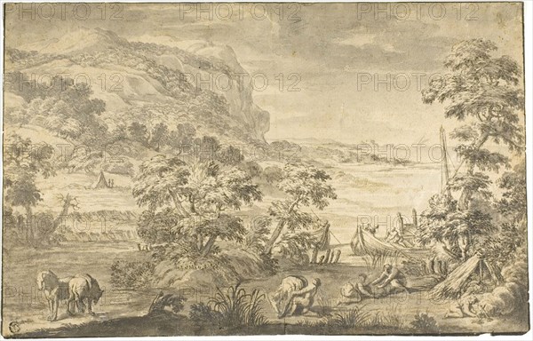 Italianate Coastal Scene with Fishermen, Encampment (recto), River Estuary (verso), 1675/99, After Pietro da Cortona, Italian, 1596-1669, Italy, Brush and black and gray wash, with touches of black gouache, over black chalk (recto), and sepia and wash (verso), on cream laid paper, 287 x 452 mm