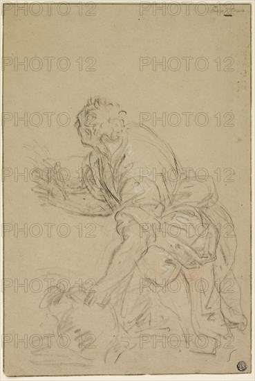 Man Kneeling With Jug (recto), Standing Man (verso), n.d., Possibly Nicolas Poussin, French, 1594-1665, France, Black chalk, with touches of white chalk, (recto and verso) on brown laid paper, 369 × 247 mm