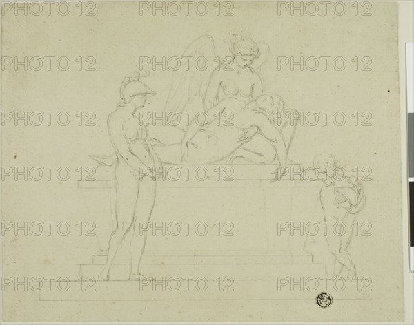 Project for a Tomb, Three Figures and an Angel (recto), Project for a Tomb: Three Figures and an Angel (verso), n.d., Possibly John Bacon, the elder (English, 1740-1799), or possibly John Michael Rysbrack (Flemish, 1693-1770), England, Black chalk (recot and verso) on cream laid paper, 197 × 245 mm