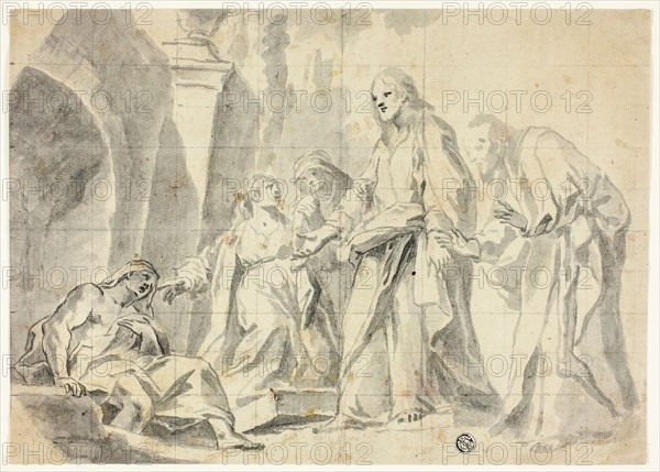 Raising of Lazarus, n.d., Attributed to Marco Benefial, Italian, 1684-1764, Italy, Brush and gray wash, squared in black chalk, on cream laid paper, 221 x 309 mm
