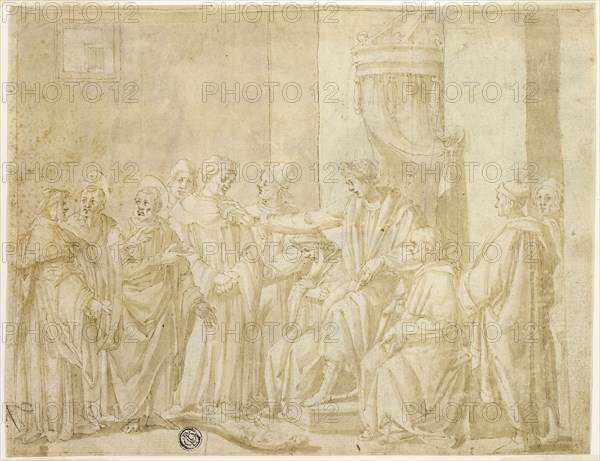 Saints Peter and Paul Disputing with Simon Magus before Nero (recto), Five Scenes from the Story of Moses (verso), c. 1580, Andrea Boscoli, Italian, c. 1560-1608, Italy, Pen and brown ink with brush and brown wash, over traces of black chalk (recto), and pen and brown ink with brush and brown wash (verso), on ivory laid paper, 193 x 249 mm