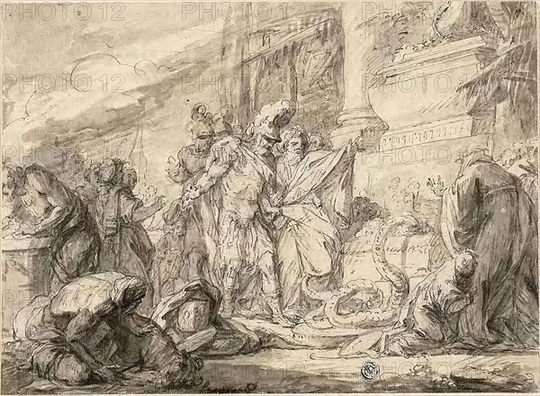 Aeneas at the Tomb of Anchises (recto), Aeneas at the Tome of Anchises (verso), n.d., Attributed to Nicolas Bernard Lépicié, French, 1735-1784, France, Pen and gray-brown ink, with brush and gray wash, over traces of graphite (recto), and black chalk (verso), on ivory laid paper, 202 × 277 mm