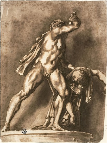 Study after The Dying Gaul Killing His Wife and Himself, n.d., Probably Jan de Bisschop (Dutch, c. 1628-1671), or possibly Henry Bone, R.A. (English, 1755-1834), Holland, Pen and brown ink, with brush and brown wash, over traces of black chalk, on ivory laid paper, 261 x 196 mm