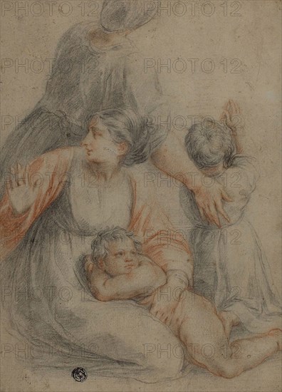 Woman and Children, n.d., After Raffaello Sanzio, called Raphael, Italian, 1483-1520, Italy, Red and black chalk, on tan laid paper, laid down on ivory laid board, 267 x 190 mm