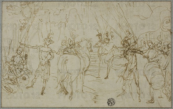 Scene with Soldiers, c. 1589, Ludovico Cardi, called Il Cigoli, Italian, 1559-1613, Italy, Pen and brown ink, over black chalk, on ivory laid paper, laid down on blue laid paper, 131 x 207 mm (max.)