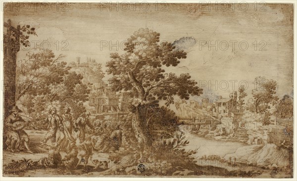 Landscape with Dancers and Musicians, n.d., Attributed to Ercole Bazzicaluva, Italian, c.1610-after 1641, Italy, Pen and brown ink, over traces of black chalk, on buff laid paper, laid down on ivory wove paper, 210 x 348 mm