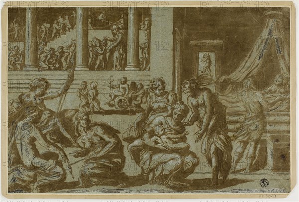 Study for the Allegory of Birth, late 16th century, After Giorgio Vasari, Italian, 1511-1574, Italy, Pen and brown ink with brush and brown wash, heightened with lead white (partially oxidized), on blue laid paper, laid down on tan wove card, 212 x 323 mm