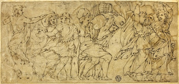 Men and Women Carrying Barrels and Bundles, late 16th century, After Polidoro Caldara, called Polidoro da Caravaggio, Italian, c. 1499-c. 1543, Italy, Pen and brown ink, over black chalk, heightened with touches of white gouache, on buff laid paper, edge mounted on cream laid paper, 134 x 287 mm