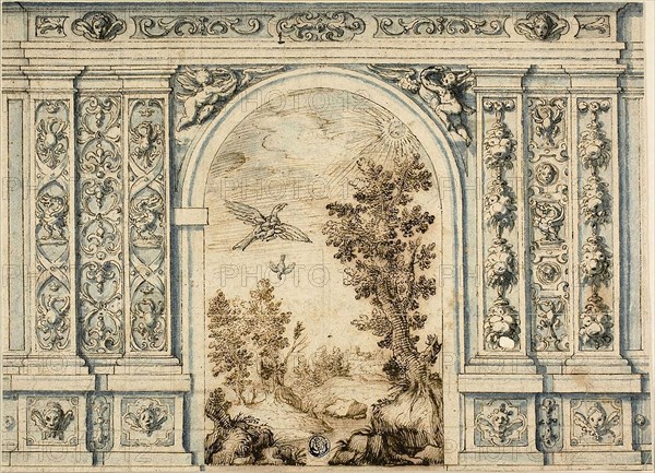 Ornamental Wall with Landscape, n.d., Unknown Artist, Italian, 17th century, Italy, Pen and brown ink, with brush and blue wash, on ivory laid paper, laid down on ivory laid paper, 215 x 296 mm