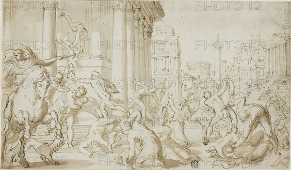 Massacre of the Innocents (recto), Figure Sketches (verso), n.d., School of Nicolas Poussin, French, 1594-1665, France, Pen and brown ink, with brush and brown wash, (recto), and graphite and pen and brown ink (verso), on ivory laid paper, 195 × 332 mm