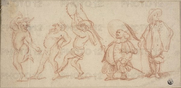 Carnival Figures, n.d., Baccio del Bianco, Italian, 1604-1656, Italy, Red chalk on ivory laid paper, tipped onto tan wove paper, 140 x 287 mm