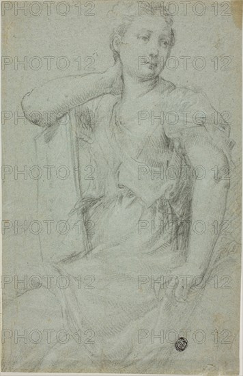 Seated Woman with Folio Resting on Her Lap, n.d., Style of Mario Balassi, Italian, 1604-1667, Italy, Black chalk, heightened with white chalk, on blue laid paper, 302 x 196 mm