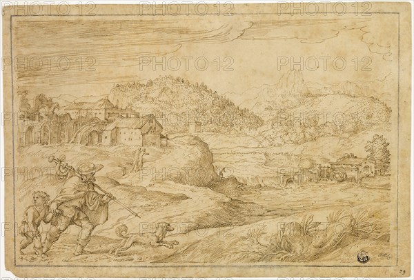 River Landscape with Saint Roch and a Child Traveling with Dog, c. 1545, Domenico Campagnola, Italian, c. 1500-1564, Italy, Pen and brown ink on tan laid paper, laid down on tan laid paper, 211 x 313 mm