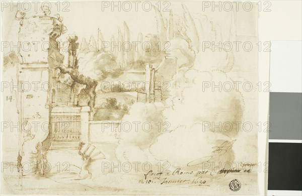 Roman Landscape, 1630, Possibly the school of Claude Lorrain, French, 1600-1682, France, Pen and brown ink, with brush and brown wash, over red chalk, on cream laid paper, 162 × 213 mm