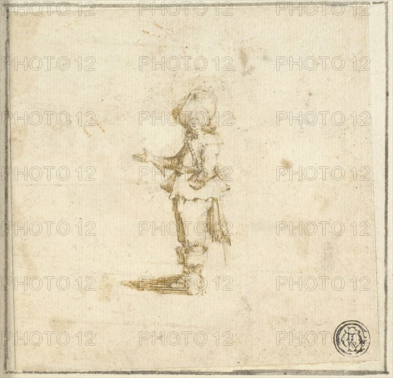 Standing Cavalier, Pointing with Right Hand, n.d., Attributed to Stefano della Bella, Italian, 1610–1664, Italy, Pen and brown ink, over traces of graphite, on ivory laid paper, laid down on cream laid paper, 101 x 102 mm