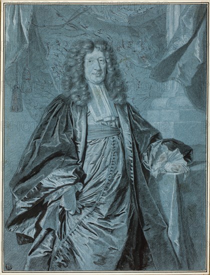 Gentleman’s Portrait, 1698, Hyacinthe Rigaud y Ros, French, 1659-1743, France, Black chalk and brush and black gouache,  heightened with white chalk and lead white (discolored), on blue laid paper, laid down on ivory laid paper, 383 × 292 mm