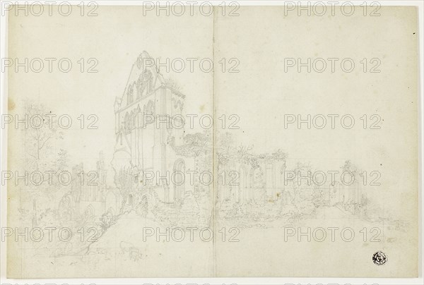 Byland Abbey, Yorkshire, c. 1820, Attributed to William Westall, English, 1781-1850, England, Graphite squared in graphite, on cream wove paper, pieced together and laid down on buff wove paper, 188 × 282 mm