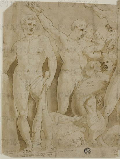 Ancient Sarcophagus Relief with the Labors of Hercules, n.d., Attributed to Girolamo Sellari, called Girolamo da Carpi, Italian, 1501-1556, Italy, Pen and brown ink with brush and brown wash, and traces of black chalk, on buff laid paper, pieced at center, 230 x 320 mm (max.)