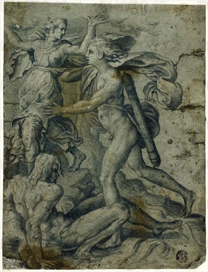 Apollo and Daphne, late 16th century, After Pietro Buonaccorsi, called Perino del Vaga (Italian, 1501-1547), after Giovanni Jacopo Caraglio (Italian, 1500/05-1565), Italy, Brush and blue wash heightened with lead white (oxidized), on blue laid paper, laid down on blue laid paper, 209 x 160 mm