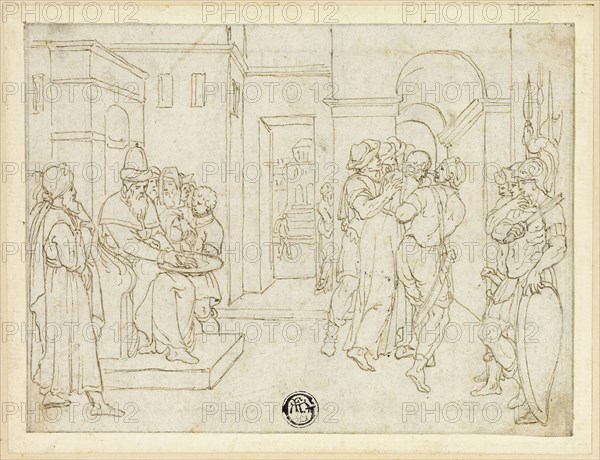 Pilate Washing His Hands, with Christ Being Led Away, late 16th century, After Giovanni de Boulogne, called Giambologna (Italian, 1529-1608), or style of Bernardo Castello (Italian, 1557-1629), Italy, Pen and brown ink, over traces of black chalk, on gray laid paper, edge mounted to buff wove paper, 115 x 154 mm