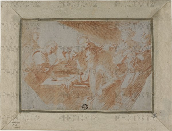 Group of Figures Around Table, n.d., Attributed to Sébastien Bourdon, French, 1616-1671, France, Red chalk and brush and red chalk wash, with touches of pen and metallic gold paint, heightened with touches of white chalk, on cream laid paper prepared with a gray gouache ground, laid down on cream laid card, 151 × 219 mm