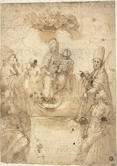 Madonna and Child with Adoring Saints, n.d., Guglielmo Caccia, called Il Moncalvo (Italian, 1568-1625), possibly Giuseppe Antonio Caccioli (Italian, 1672-1740), possibly Francesco Vanni (Italian, 1563-1610), Italy, Pen and brown ink with brush and brown wash, possibly with traces of graphite, on ivory laid paper, laid down on ivory laid paper, 354 x 252 mm