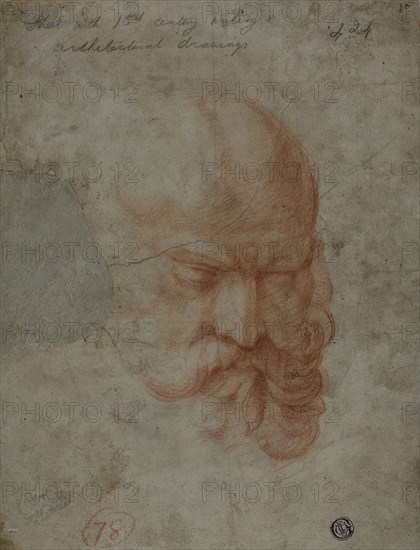 Head of a Bearded Man (recto) Sketches of Architectural Details (verso), n.d., Unknown Artist, Italian, early 16th century, Italy, Red chalk (recto) Pen and brown ink (verso) on buff laid paper, pieced and laid down on buff laid paper, 243 x 184 mm (max.)