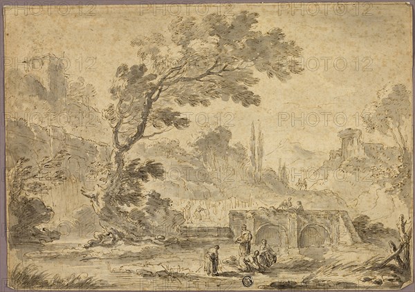 Washerwomen by Stream in Italianate Landscape, n.d., Possibly Andrea Locatelli, Italian, 1695-1741, Possibly style of Nicolas Poussin, French, 1594-1665, Possibly style of Antonio Zucchi, Italian, 1726-1795, Italy, Pen and brown ink, with brush and gray wash and traces of graphite, on cream laid paper, 250 x 355 mm