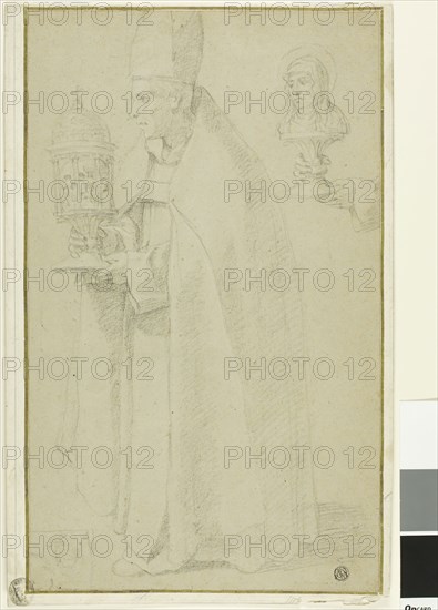 A Bishop Carrying a Reliquary with a Skull and Study of Two Hands Holding a Reliquary of a Female Saint, n.d., School of Eustache Le Sueur, French, 1617–1655, France, Black chalk on tan laid paper, laid down on ivory laid paper, 372 × 226 mm