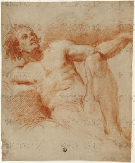Seated Male Nude, n.d., Unknown Artist, French or Italian, possibly Bolognese, 18th century, France, Red chalk, with stumping, on tan laid paper, 369 × 304 mm