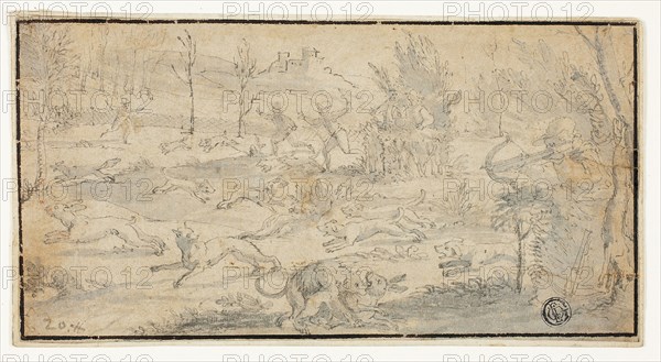 Hunting Scene, n.d., Attributed to Jacob Züberlein, German, 1556-1607, Germany, Pen and black ink, with brush and gray wash, on tan laid paper, laid down on cream laid paper, 111 x 212 mm