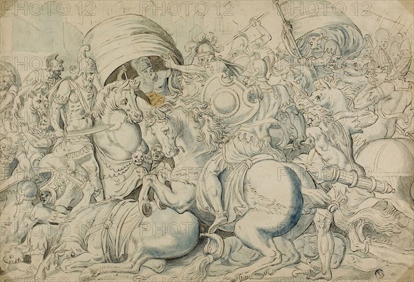 Battle before Troy, n.d., after Luca Penni, Italian, 1500/05-1557, Italy, Pen and brown ink, and brush and blue and gray wash, on cream laid paper, 291 x 425 mm