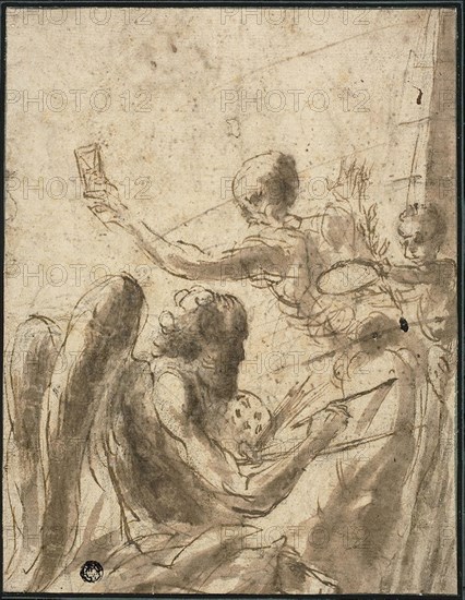 Allegory of Time and Fame, n.d., Attributed to Baccio del Bianco, Italian, 1604-1656, Italy, Pen and brown ink, with brush and brown wash, over black chalk, on cream laid paper, laid down on green tinted wove paper, 265 x 205 mm