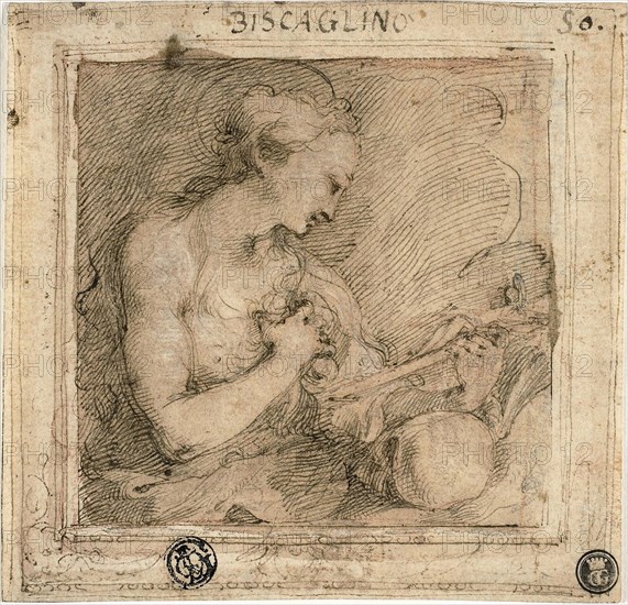 Mary Magdalene, n.d., Attributed to Bartolomeo Biscaino, Italian, 1632-1657, Italy, Pen and brown ink, with brush and brown wash, heightened with lead white (discolored), over red chalk, on cream laid paper, tipped onto ivory wove paper, 117 x 121 mm