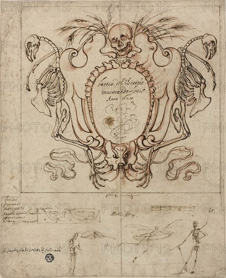 Funereal Cartouche with Inscription and Sketches of Skeletons and Ornamental Details, 1628, Baccio del Bianco, Italian, 1604-1656, Italy, Pen and brown ink, over red chalk, on ivory laid paper, tipped onto cream wove paper, 321 x 262 mm
