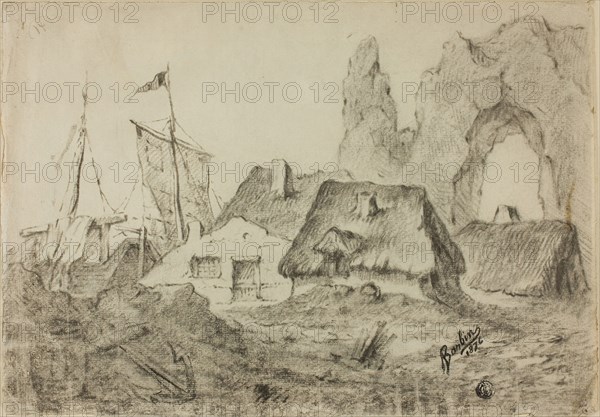 Huts Etretat, 1876, Barbin, French, active 1876, France, Charcoal, with touches of black pastel, on ivory laid paper, 220 × 314 mm