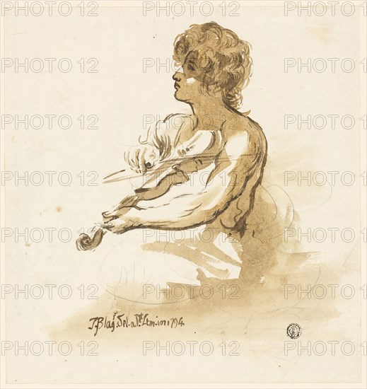 Young Violinist, 1794, Unknown English artist, England, Brush and brown wash over graphite, on ivory laid paper, laid down on cream wove card, 243 × 229 mm