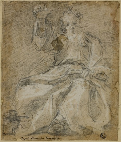 Seated Bearded Figure (Prophet?), c. 1591, Attributed to Ferraù Fenzoni, Italian, 1562-1645, Italy, Black chalk, heightened with white gouache, on buff laid paper, laid down on cream laid card, 221 x 185 mm