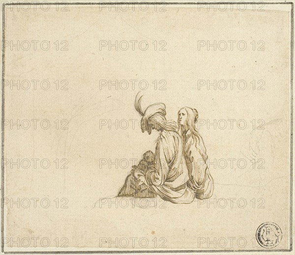 Two Gypsy Women with Child, n.d., Attributed to Stefano della Bella (Italian, 1610-1664), or after Jacques Callot (French, 1592-1635), France, Pen and brown ink, with graphite, on ivory laid paper, laid down on cream laid paper, 94 × 111 mm