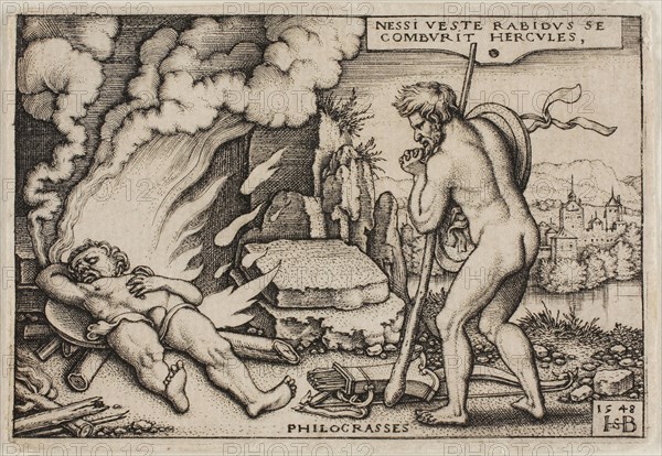 The Death of Hercules, from The Labors of Hercules, 1548, Sebald Beham, German, 1500-1550, Germany, Engraving in black on ivory laid paper, 52 x 77 (image/plate), 55 x 79 mm (sheet)