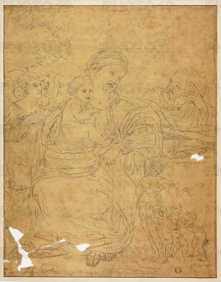 Holy Family with Two Angels, 1609/10, Francesco Albani, after, Italian, 1578-1660, Italy, Graphite on tan laid paper, squared in graphite, edge mounted on cream wove card, 389 x 304 mm