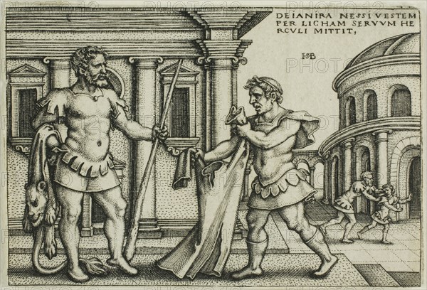 Lichas Bringing the Garment of Nessus to Hercules, from The Labors of Hercules, n.d., Sebald Beham, German, 1500-1550, Germany, Engraving in black on ivory laid paper, 52 x 77 mm (image/plate), 53 x 78 mm (sheet)