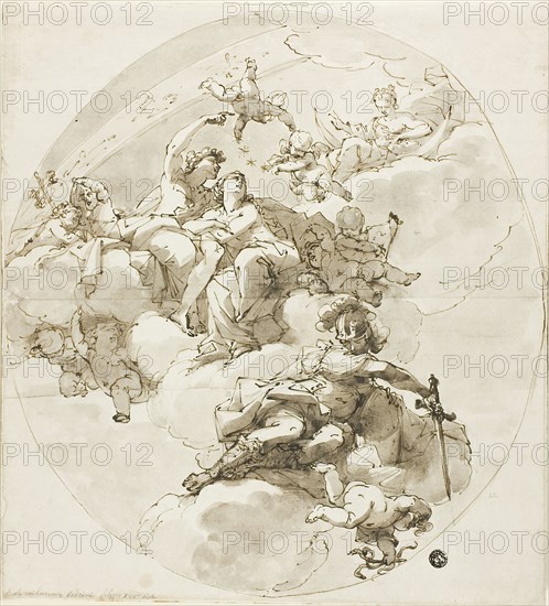 Ceiling with Bacchus, Ariadne, Diana and Minerva, 1795/1800, Attributed to Filippo Pedrini (Italian, 1763-1856), or Ubaldo Gandolfi (Italian, 1728-1781), Italy, Pen and brown ink, with brush and brown and gray wash, over graphite, on ivory laid paper, laid down on ivory laid paper, 337 x 308 mm