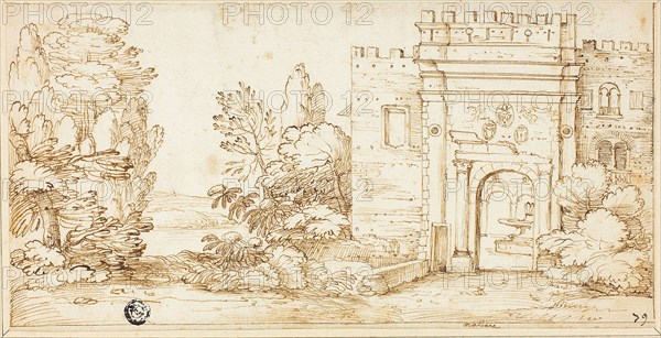 View of La Magliana, c. 1670, Giovanni Francesco Grimaldi, Italian, 1606-1680, Italy, Pen and brown ink, over traces of graphite, on ivory laid paper, 132 x 260 mm